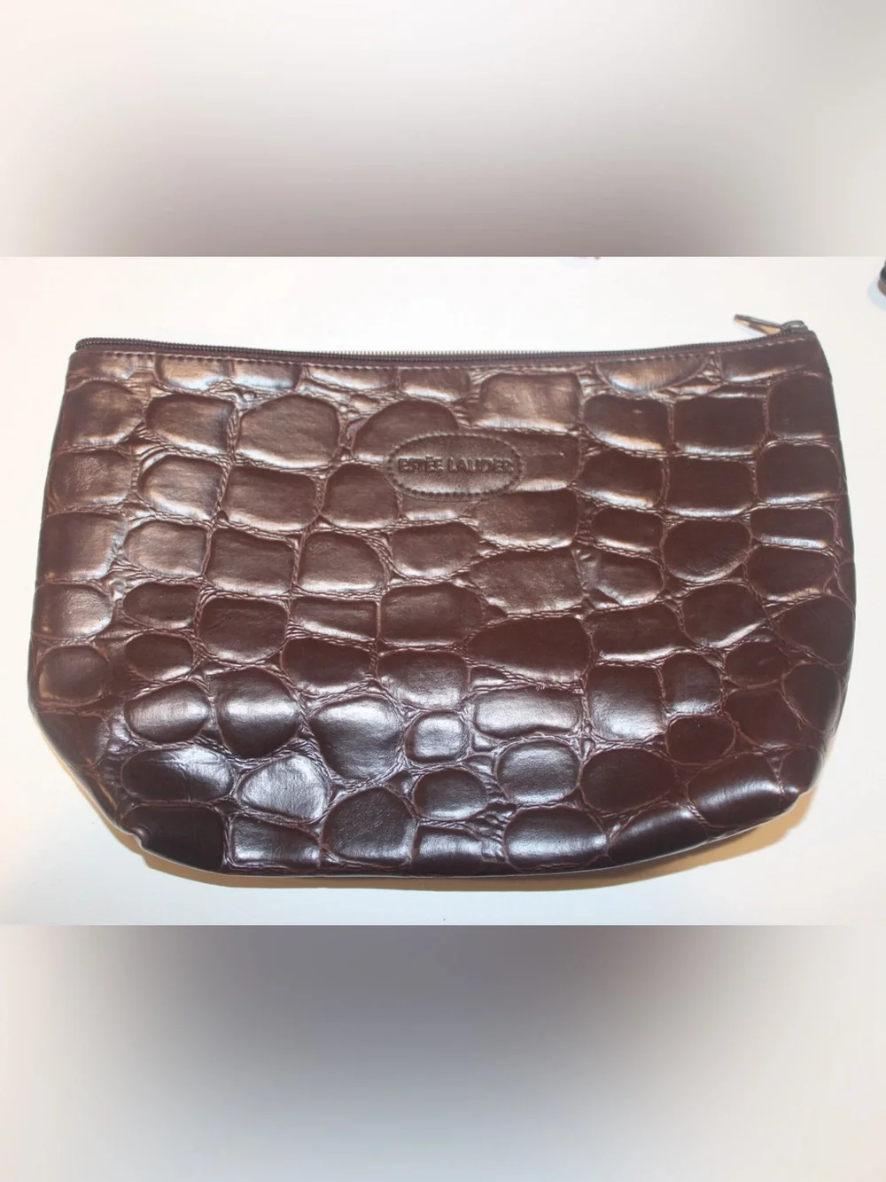 Vintage Estée Lauder Brown Croc Embossed Faux Leather Zippered Makeup Pouch